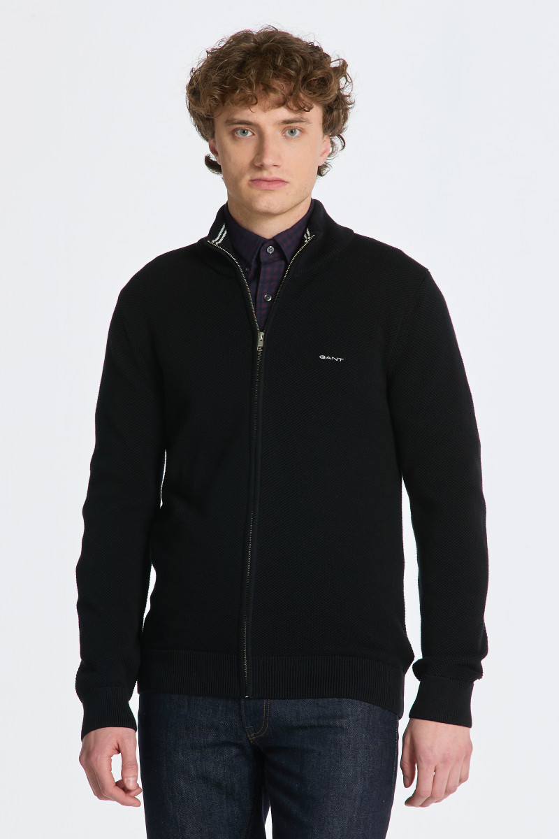 E-shop SVETR GANT COTTON PIQUE ZIP CARDIGAN BLACK