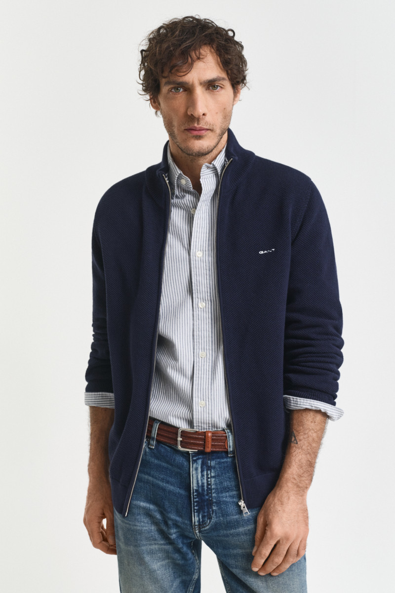 SVETER GANT COTTON PIQUE ZIP CARDIGAN EVENING BLUE