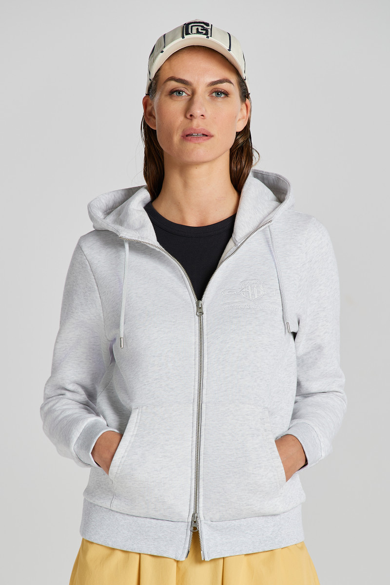 E-shop MIKINA GANT REG TONAL SHIELD ZIP HOODIE PALE GREY MELANGE