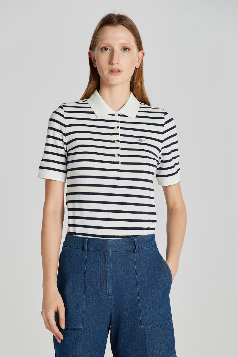 POLOKOŠILE GANT SLIM STRIPED SHIELD SS PIQUE POLO EGGSHELL