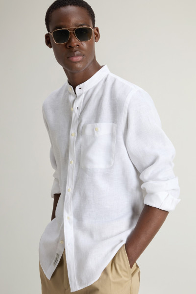 KOŠILE WOOLRICH BAND COLLAR LINEN SHIRT - Fotografie č. 4