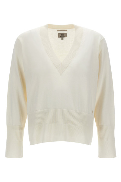 SVETR WOOLRICH COTTON CASHMERE V-NECK - Fotografie č. 5