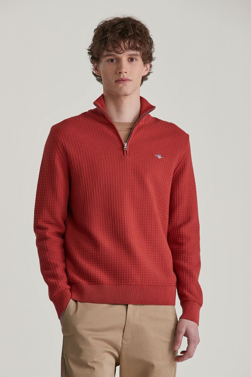 GANT shield logo cotton textured half zip knit jumper in cream