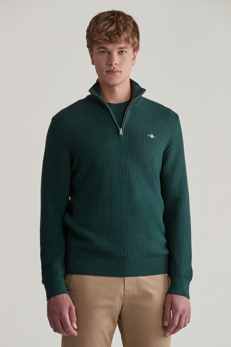 E-shop SVETR GANT COTTON TEXTURED HALF ZIP TARTAN GREEN