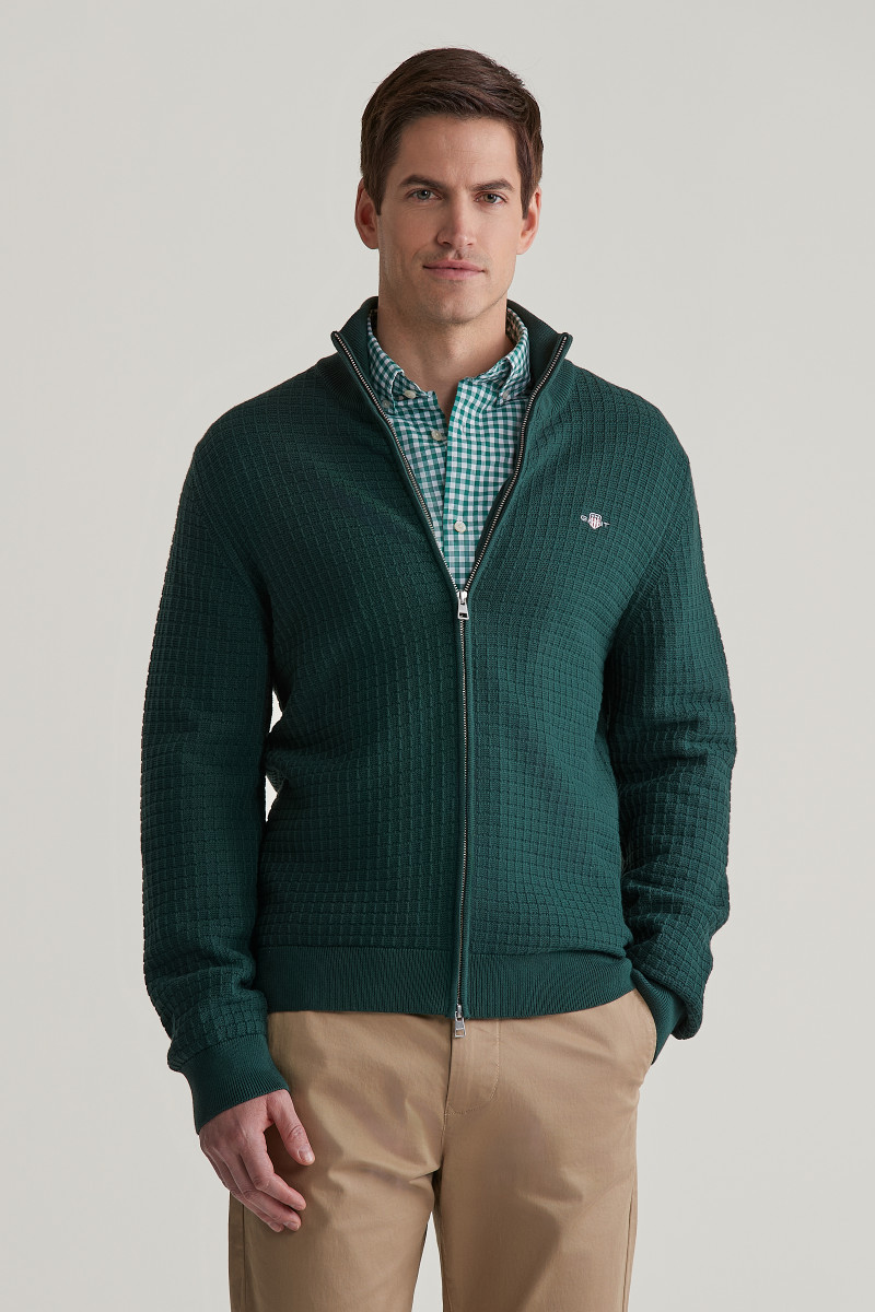E-shop KARDIGAN GANT COTTON TEXTURED ZIP CARDIGAN TARTAN GREEN