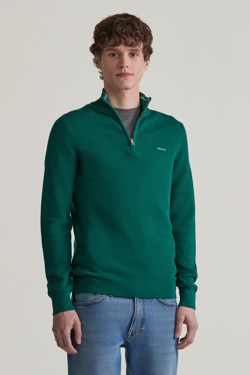 E-shop SVETR GANT COTTON PIQUE HALFZIP DEEP FOREST GREEN