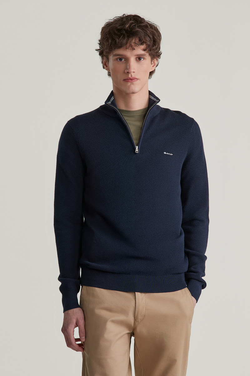 E-shop SVETR GANT COTTON PIQUE HALFZIP EVENING BLUE