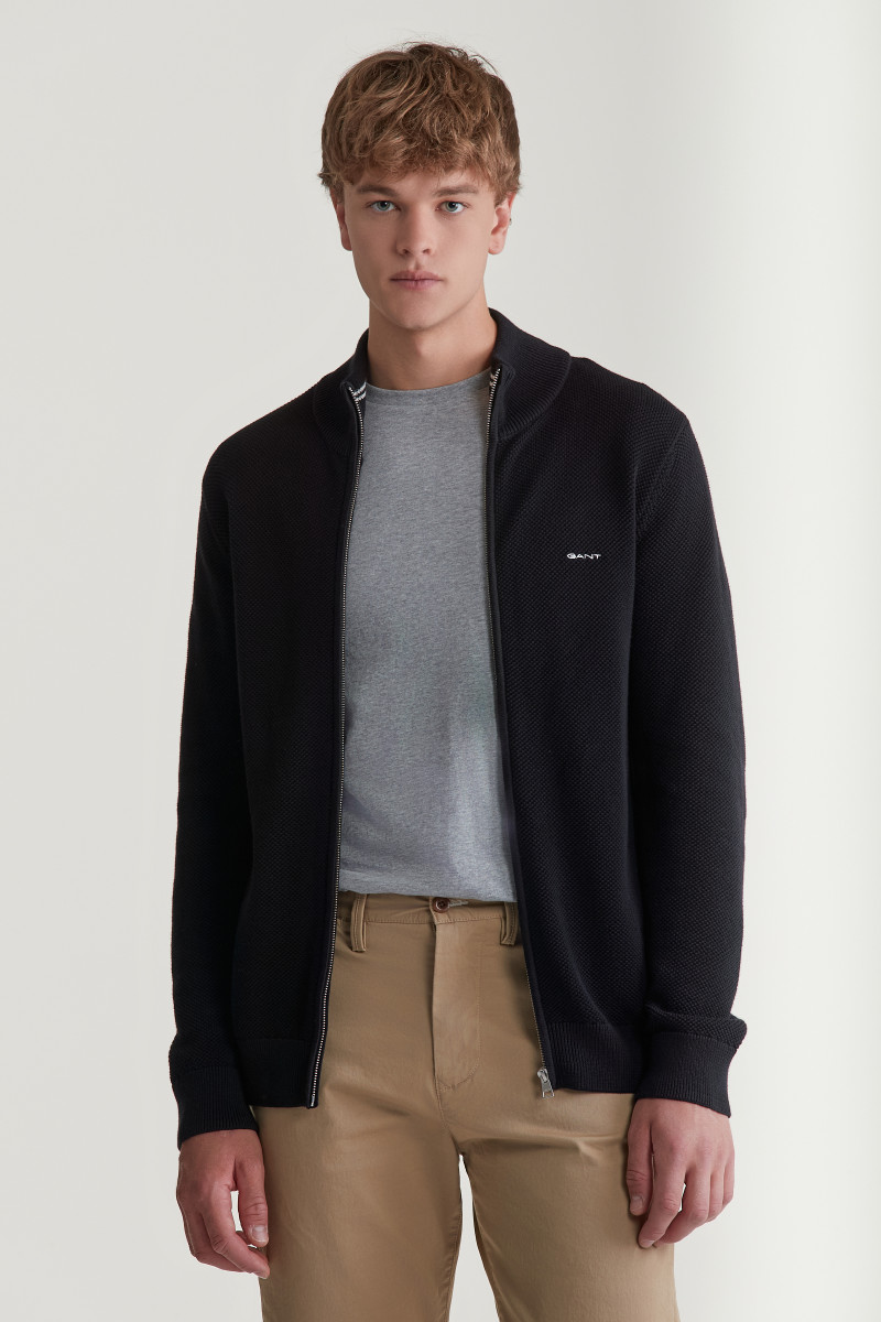 SVETER GANT COTTON PIQUE ZIP CARDIGAN BLACK