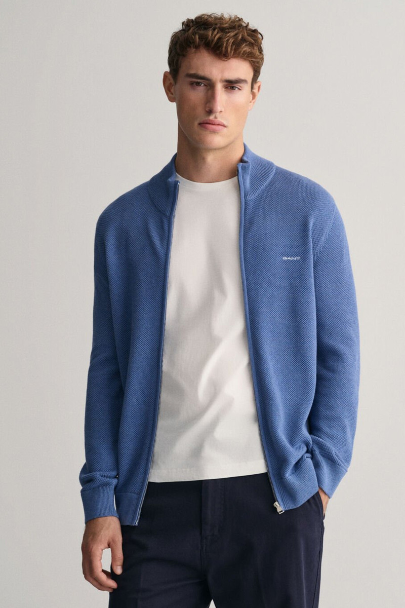 E-shop SVETR GANT COTTON PIQUE ZIP CARDIGAN DENIM BLUE MELANGE