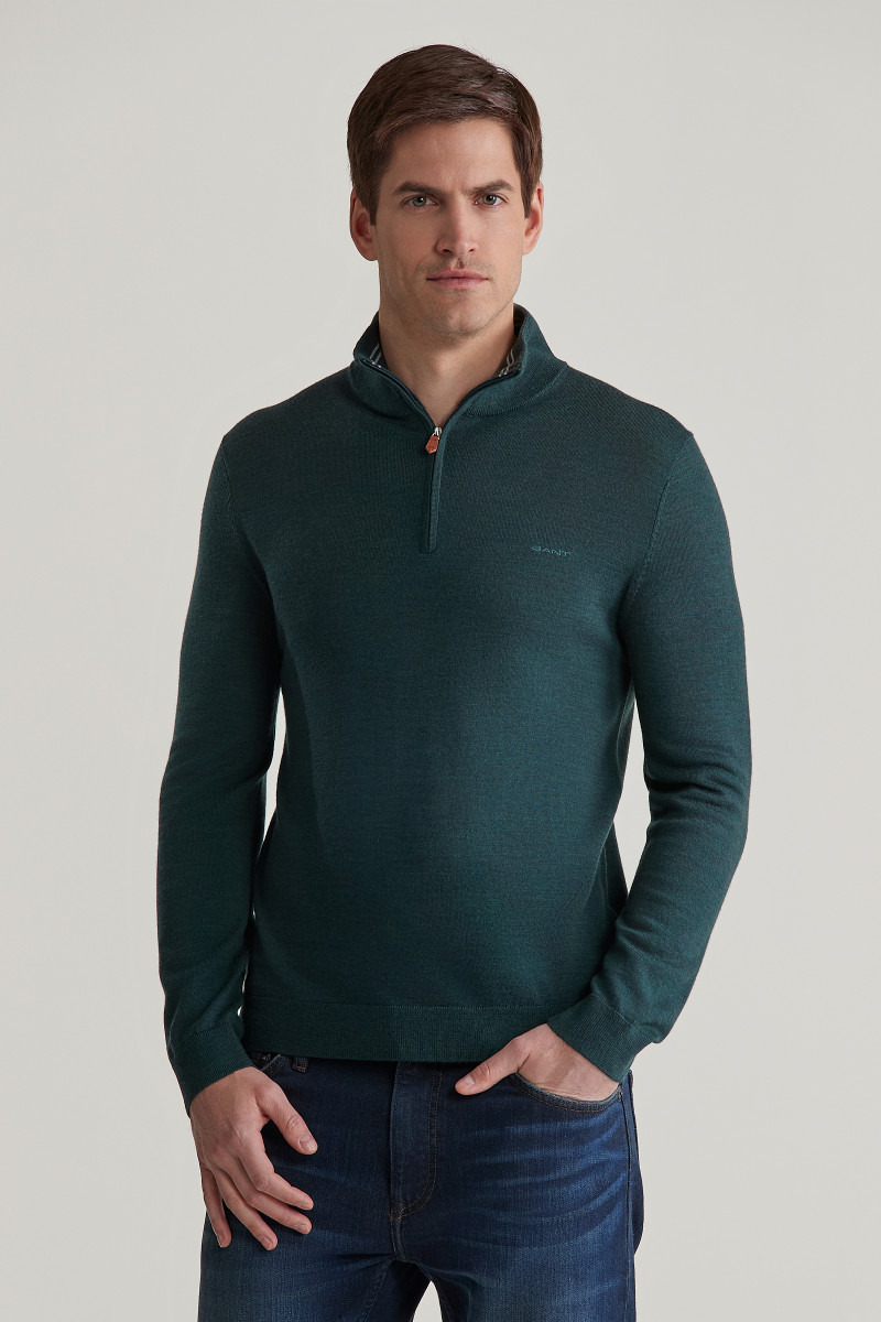 E-shop SVETR GANT EXTRAFINE MERINO WOOL HALF ZIP TARTAN GREEN
