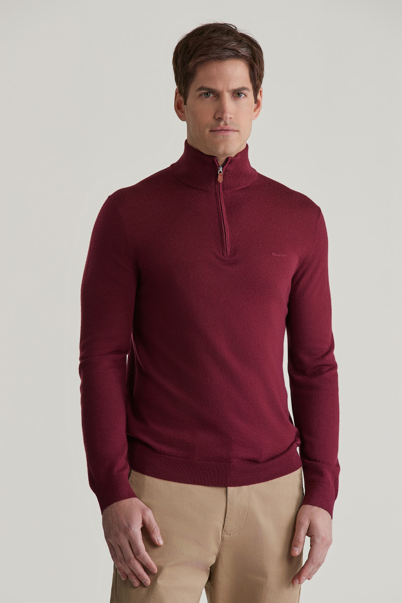 E-shop SVETR GANT EXTRAFINE MERINO WOOL HALF ZIP WINE RED