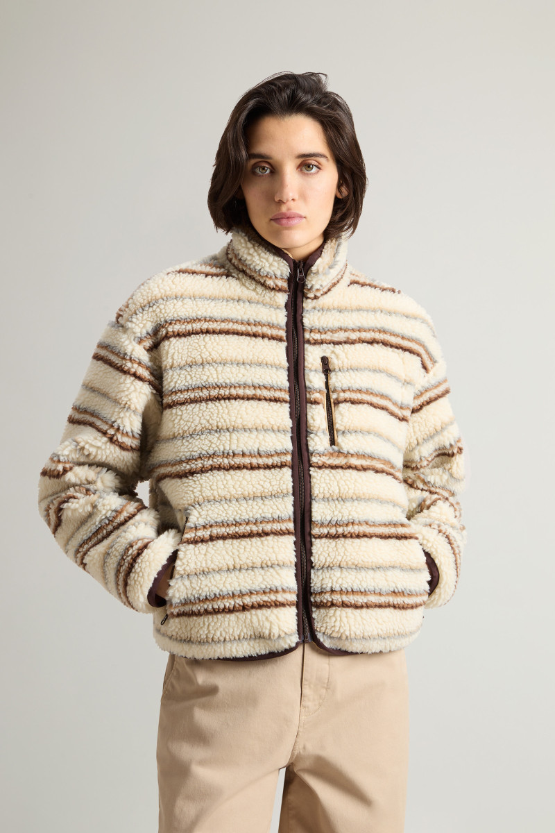 Levně Mikina woolrich curly sherpa sweatshirt milky cream stripe
