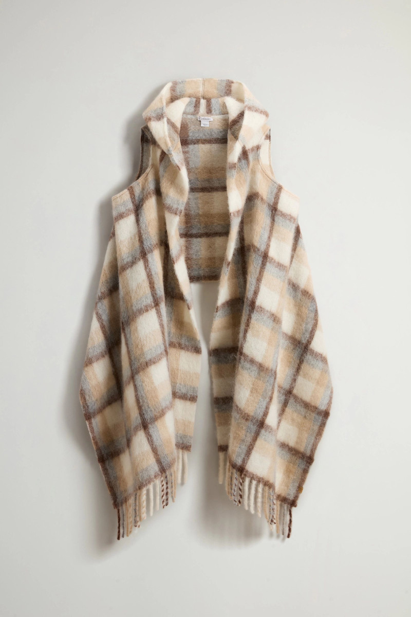 ŠÁL WOOLRICH HOODED WOOL CAPE SCARF CREAM CHECK