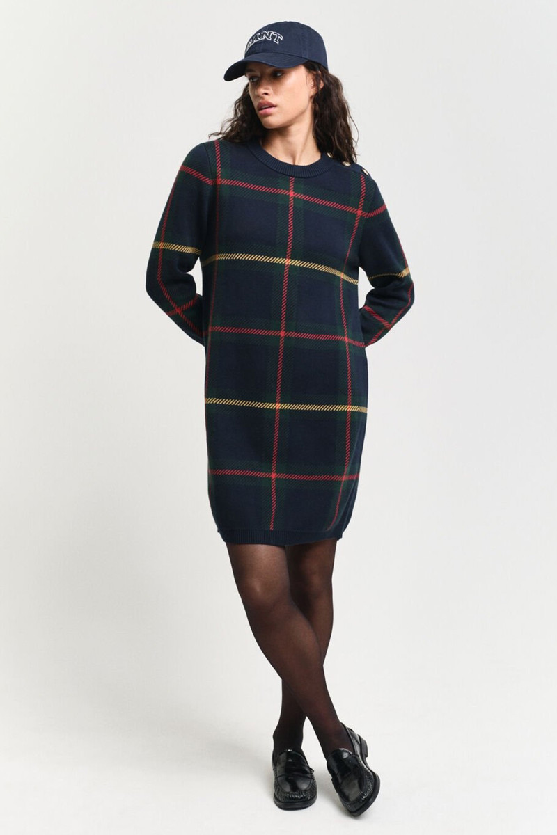 ŠATY GANT CHECKED C-NECK DRESS EVENING BLUE