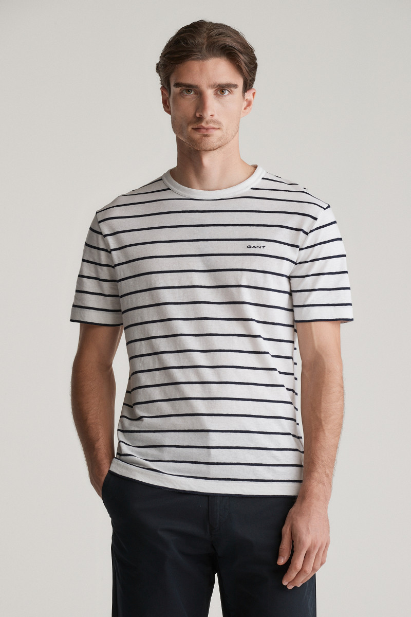 E-shop TRIČKO GANT COTTON LINEN STRIPE SS T-SHIRT CREAM