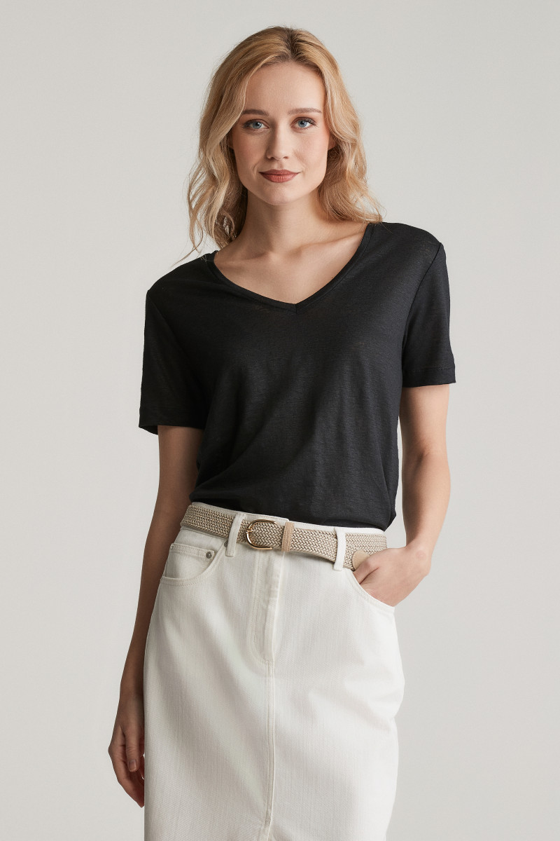 TRIČKO GANT REG LINEN V-NECK SS T-SHIRT BLACK