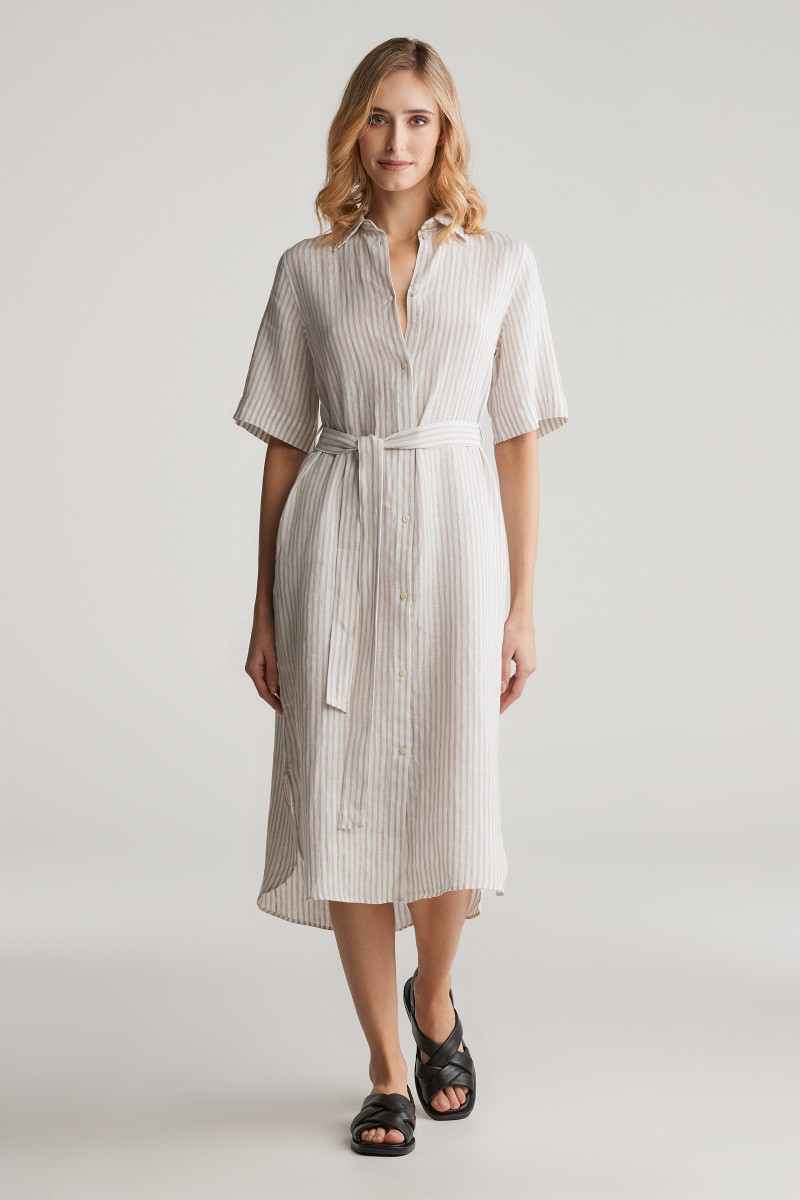 ŠATY GANT REG LINEN STRIPED SHIRT DRESS DRY SAND