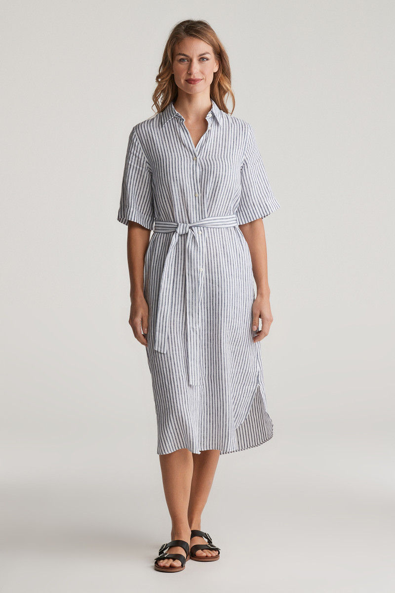 E-shop ŠATY GANT REG LINEN STRIPED SHIRT DRESS EVENING BLUE