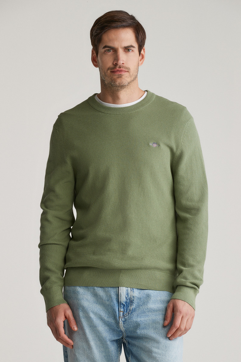 SVETR GANT MICRO TEXTURED COTTON C-NECK KALAMATA GREEN