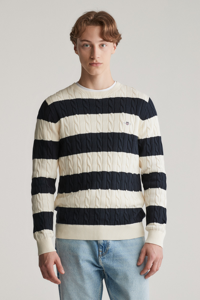 SVETER GANT STRIPED COTTON CABLE C-NECK EVENING BLUE