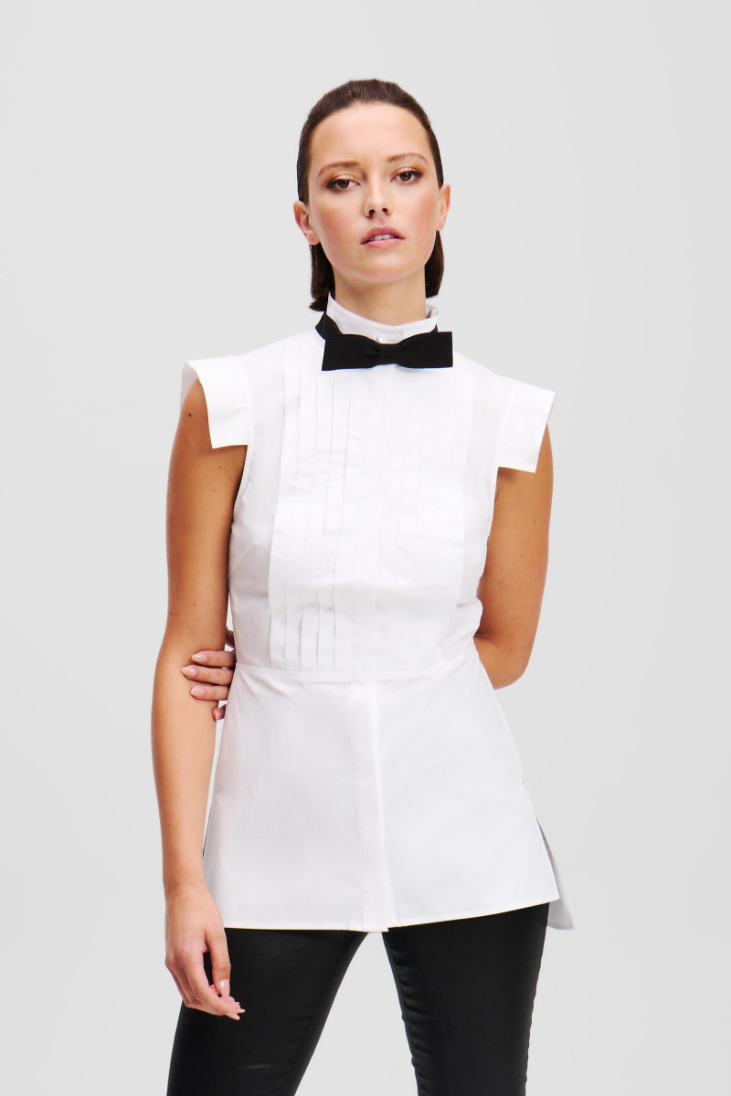 Blúzka Karl Lagerfeld Sleeveless Bow Tie Blouse Black Textured Lthr