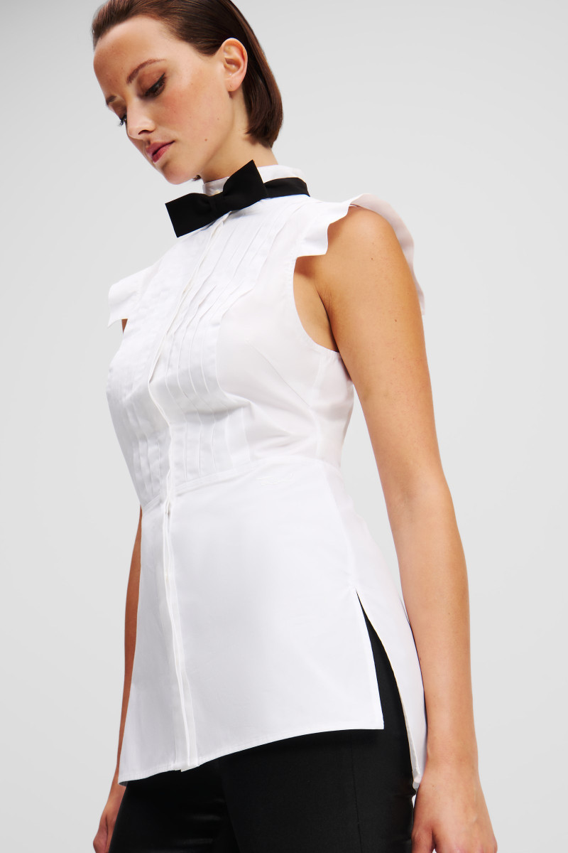 Blúzka Karl Lagerfeld Sleeveless Bow Tie Blouse Black Textured Lthr