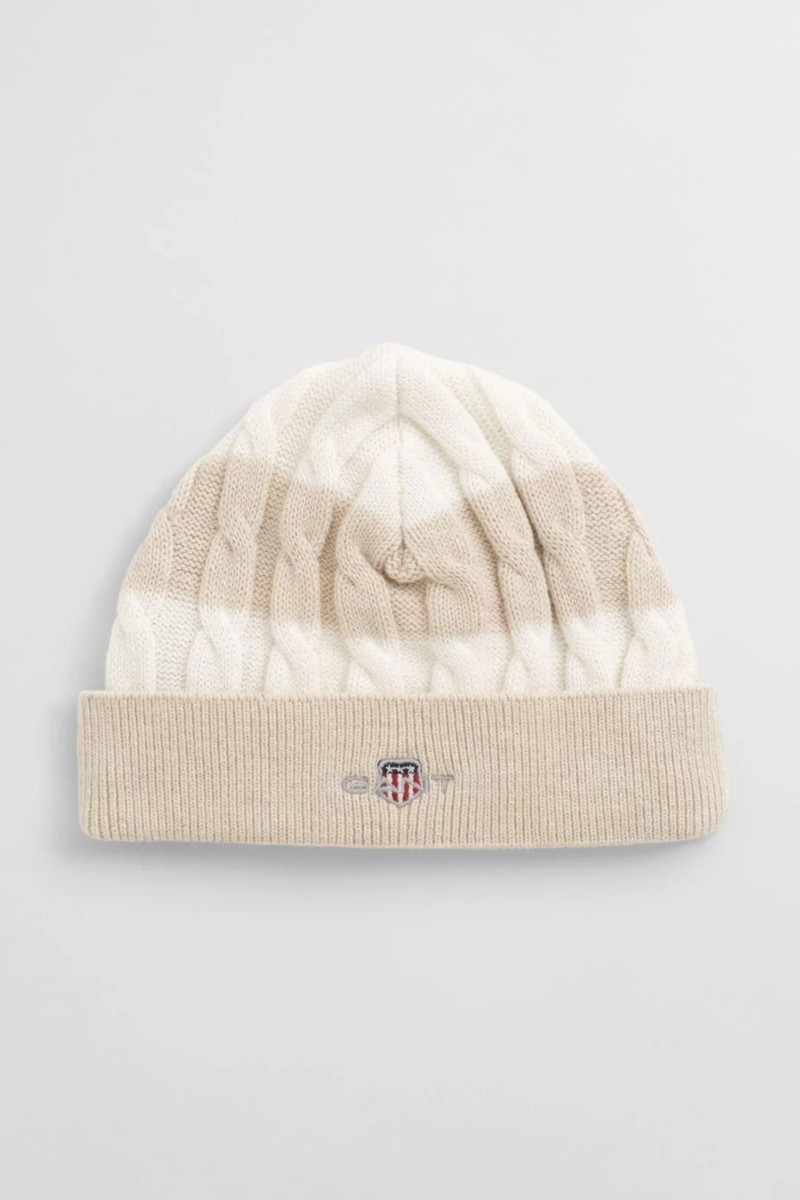 ČEPICE GANT SHIELD STRIPED COTTON CABLE BEANIE LIGHT BEIGE MELANGE