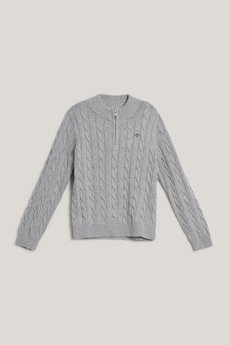 SVETR GANT COTTON CABLE HALF ZIP GREY MELANGE