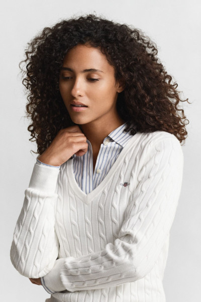 PULÓVER GANT STRETCH COTTON CABLE V-NECK - Kép 7