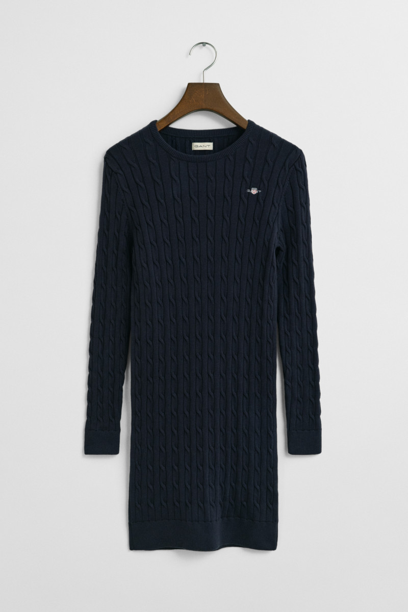 E-shop ŠATY GANT STRETCH COTTON CABLE C-NECK DRESS EVENING BLUE