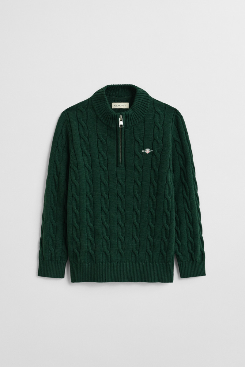 SVETR GANT COTTON CABLE HALF ZIP TARTAN GREEN