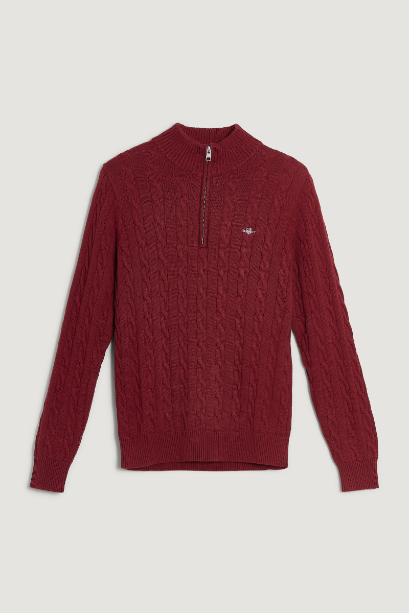 E-shop SVETR GANT COTTON CABLE HALF ZIP PLUMPED RED