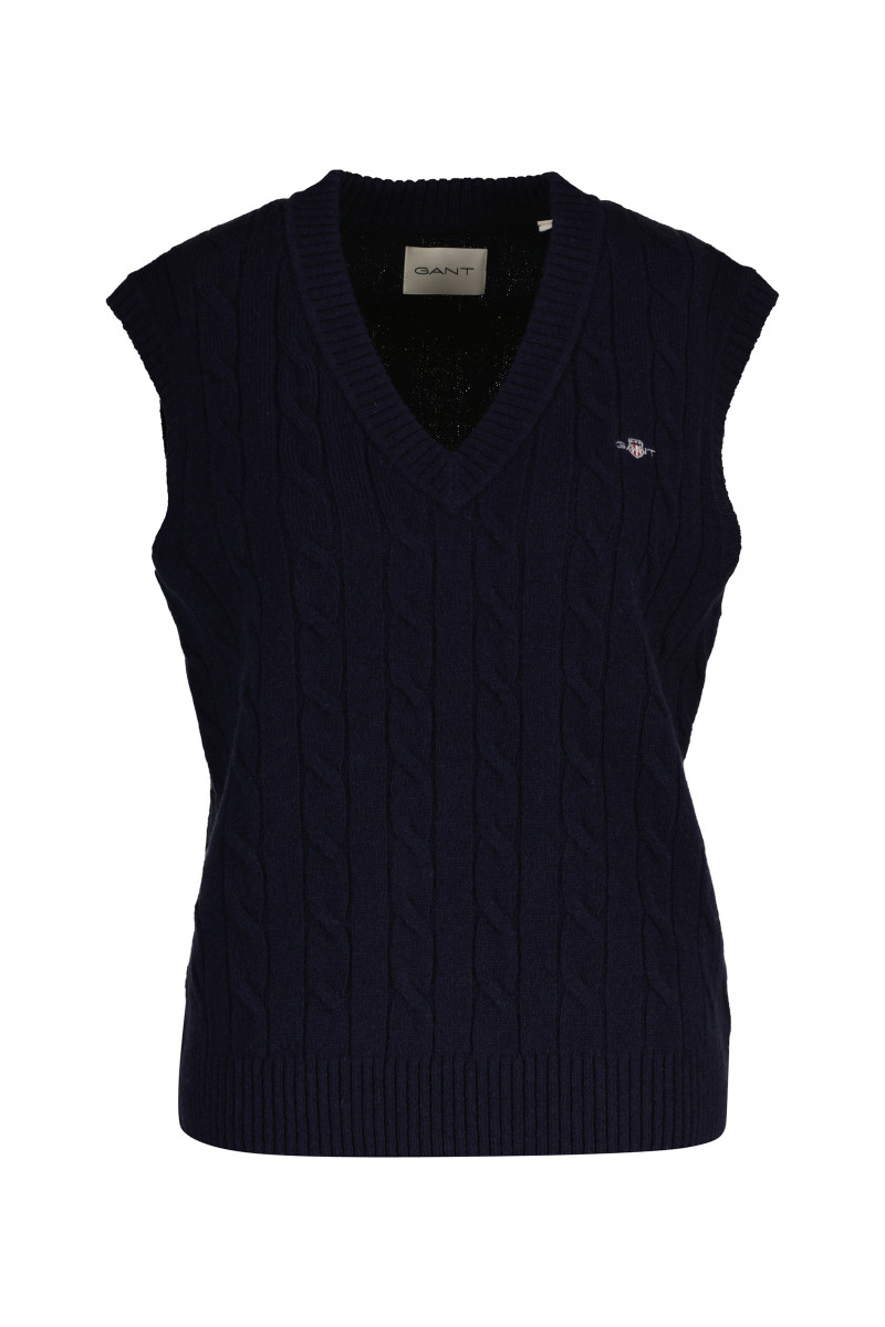 E-shop VESTA GANT LAMBSWOOL CABLE V-NECK VEST EVENING BLUE