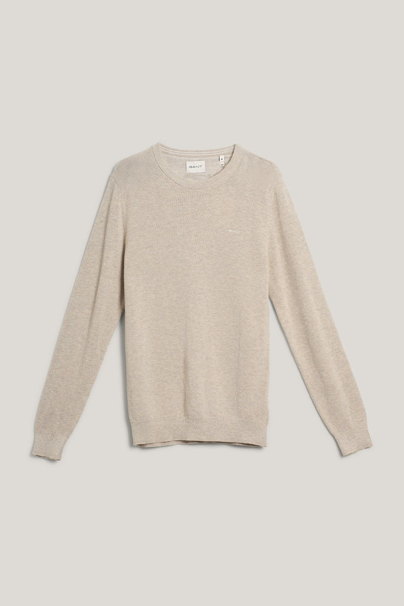 E-shop SVETR GANT COTTON PIQUE C-NECK LIGHT BEIGE MELANGE