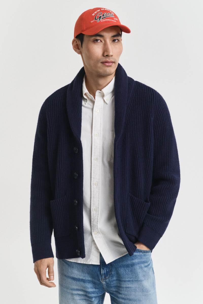 E-shop KARDIGÁN GANT WOOL BLEND SHAWL COLLAR CARDIGAN EVENING BLUE