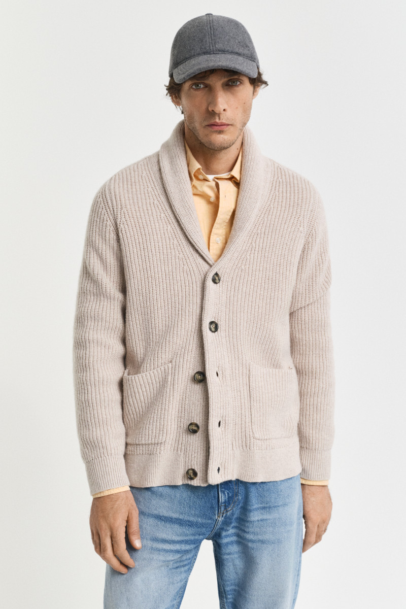 SVETER GANT WOOL BLEND SHAWL COLLAR CARDIGAN LIGHT BEIGE MELANGE