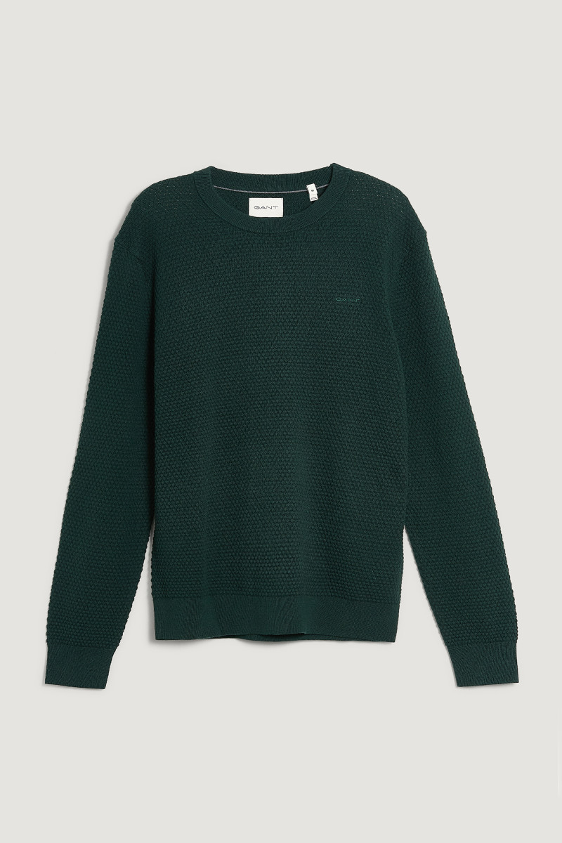 E-shop SVETR GANT TEXTURED COTTON MERINO C-NECK TARTAN GREEN