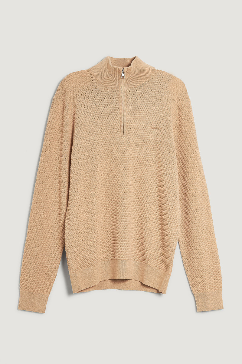 E-shop SVETR GANT TEXTURED COTTON MERINO HALF ZIP KHAKI MEL