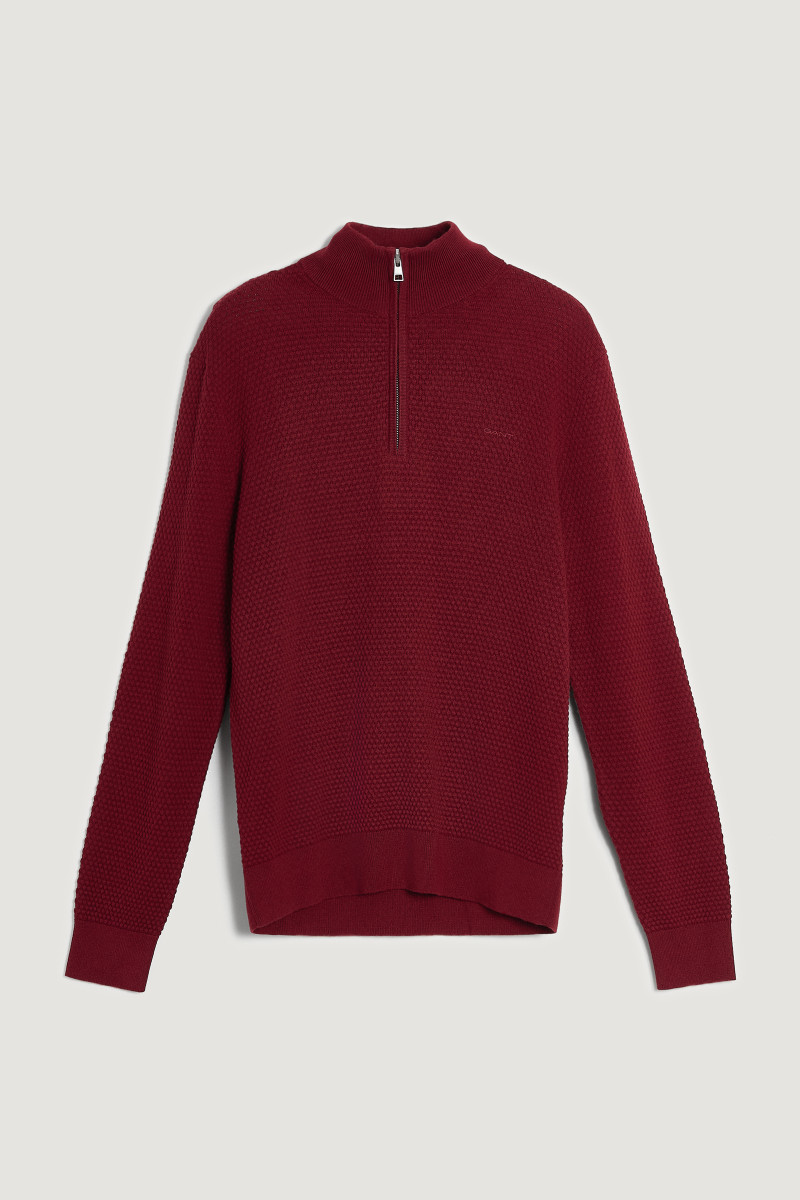 E-shop SVETR GANT TEXTURED COTTON MERINO HALF ZIP PLUMPED RED