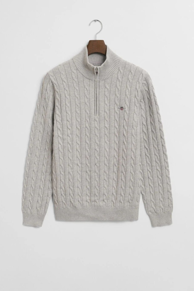 E-shop SVETR GANT COTTON CABLE HALF ZIP CLOUD GREY MELANGE