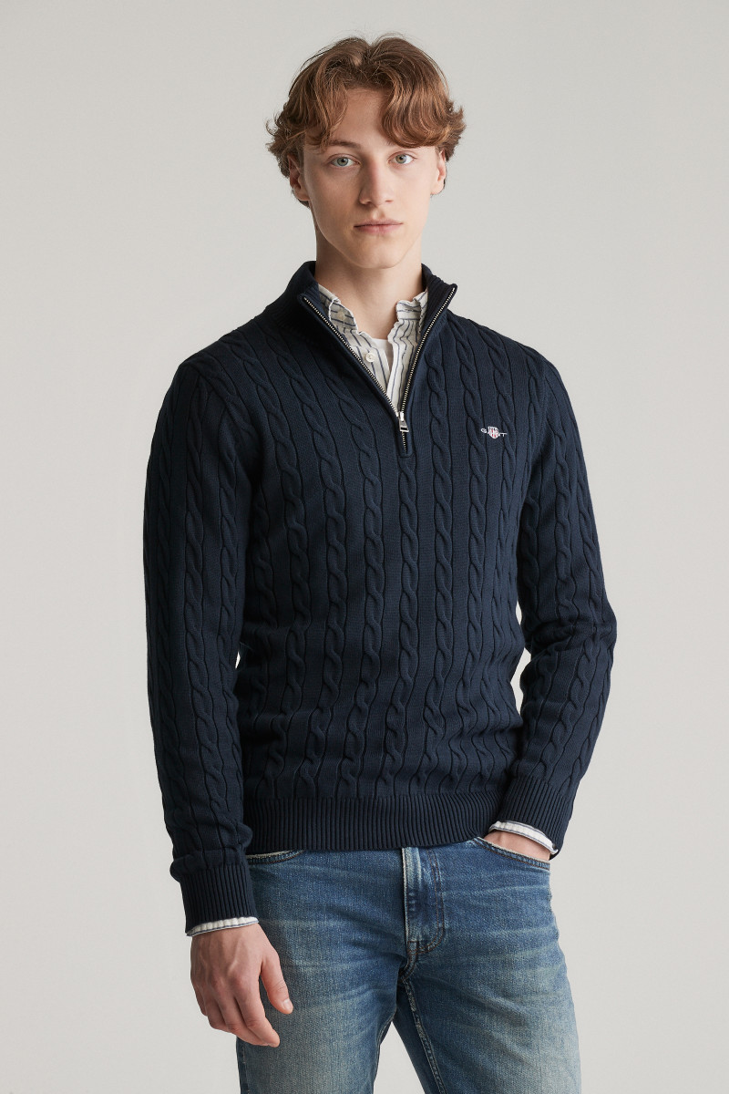 E-shop SVETR GANT COTTON CABLE HALF ZIP EVENING BLUE
