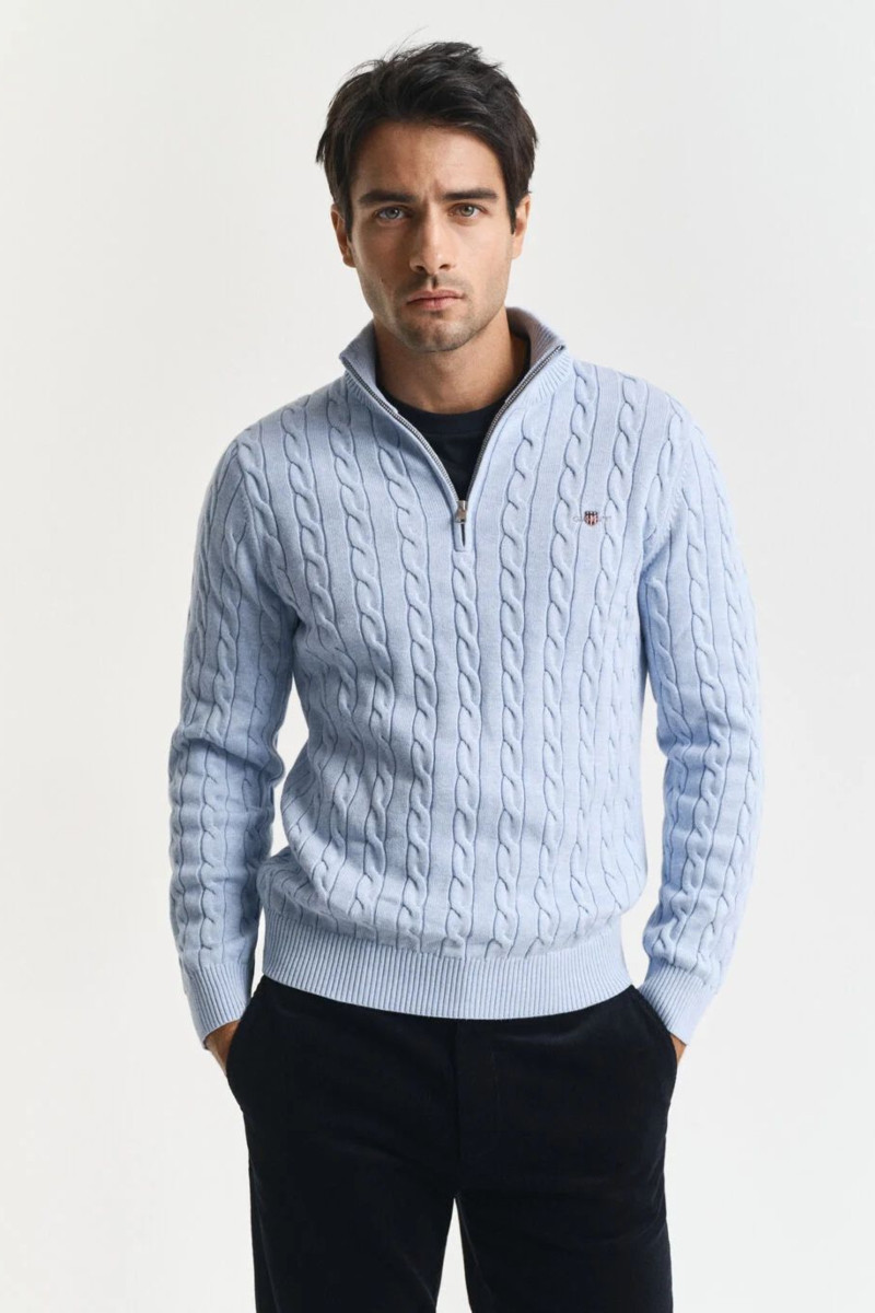 SVETER GANT COTTON CABLE HALF ZIP ICE BLUE MELANGE