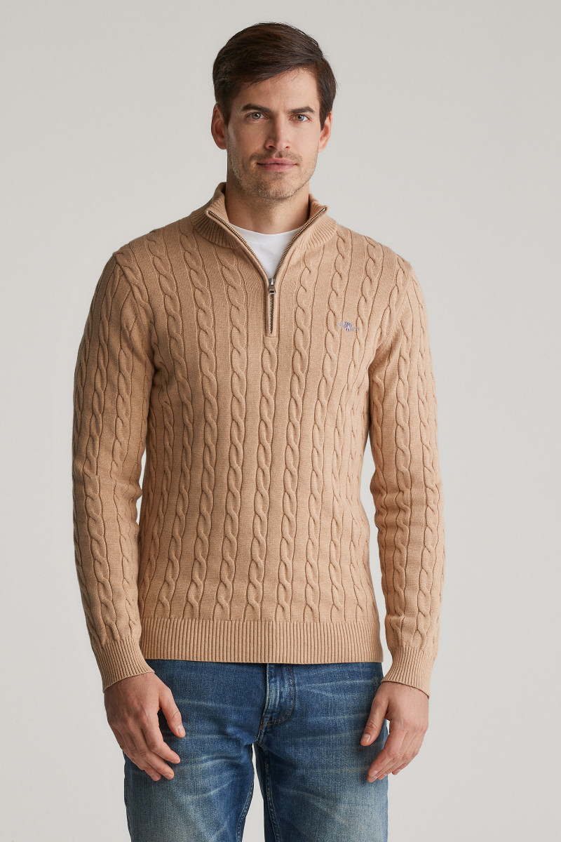 E-shop SVETR GANT COTTON CABLE HALF ZIP KHAKI MEL