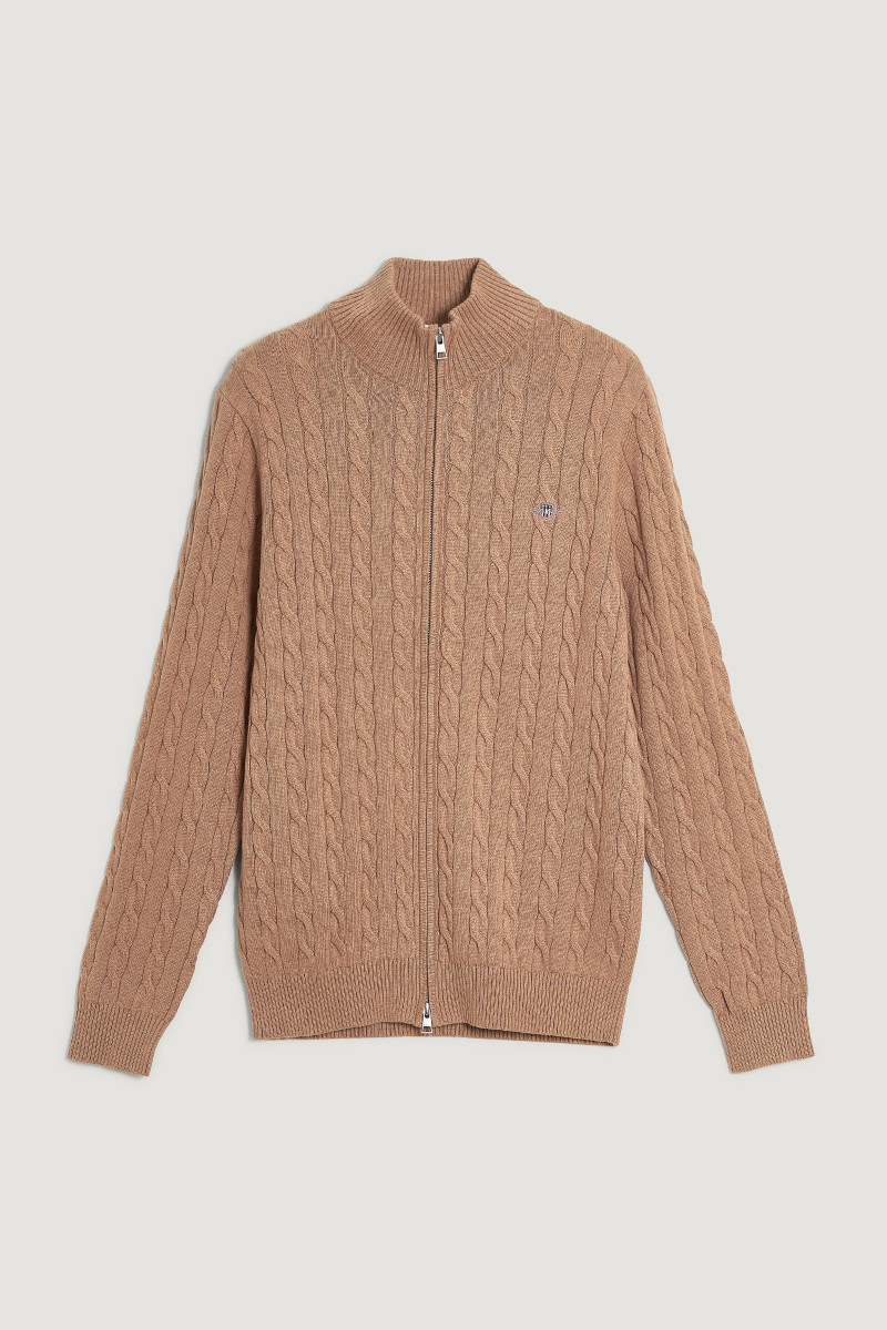 E-shop KARDIGÁN GANT COTTON CABLE ZIPPED CARDIGAN DK. SAND MELANGE