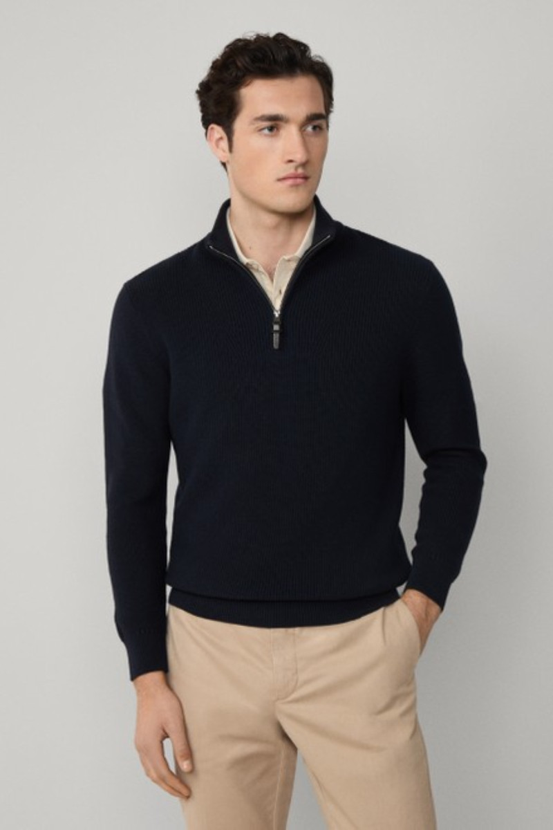 Sveter Hackett London Cotton Rib Hzip Midnight Blue