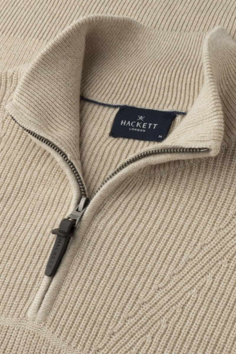 Sveter Hackett London Cotton Rib Hzip Stone Beige