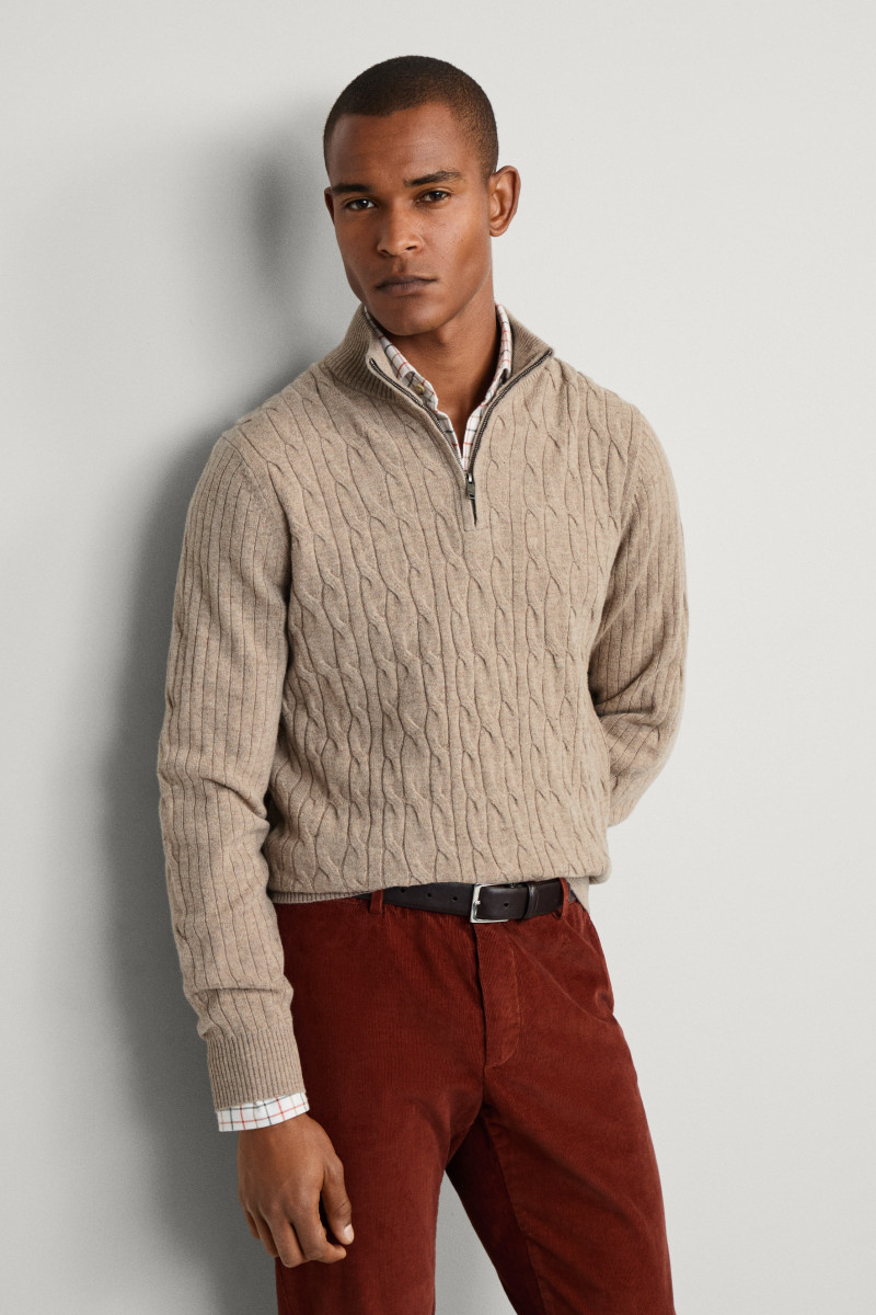 Sveter Hackett London Lambswool Cable Hzip Malt Beige