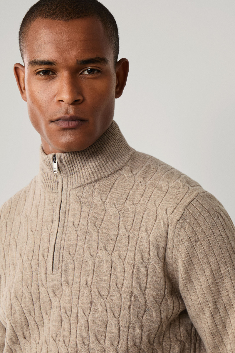 Sveter Hackett London Lambswool Cable Hzip Malt Beige