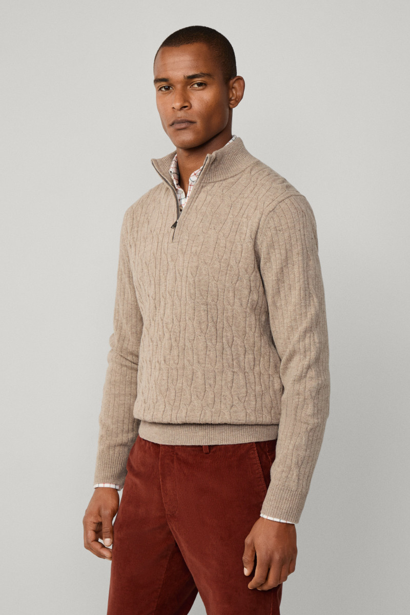 Sveter Hackett London Lambswool Cable Hzip Malt Beige