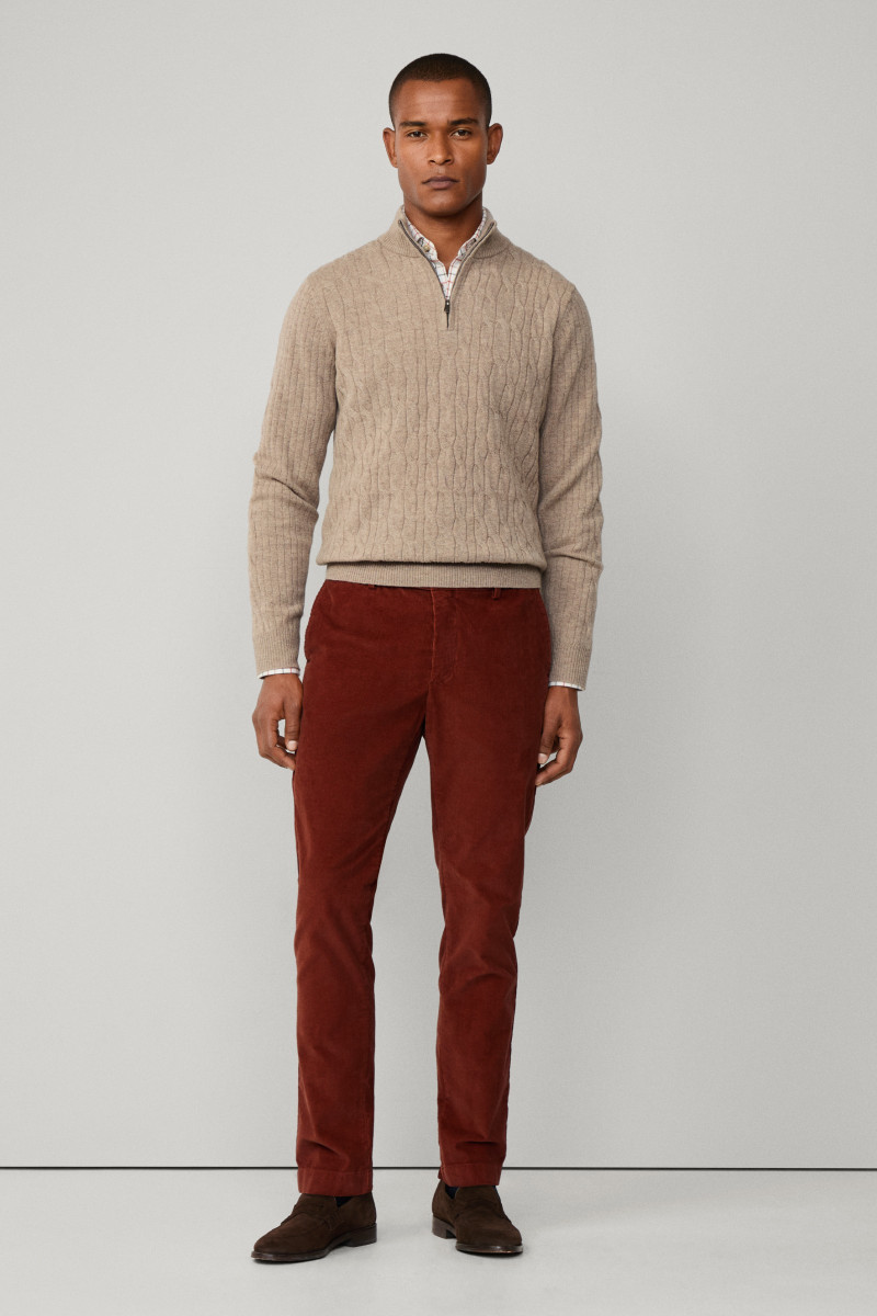 Sveter Hackett London Lambswool Cable Hzip Malt Beige